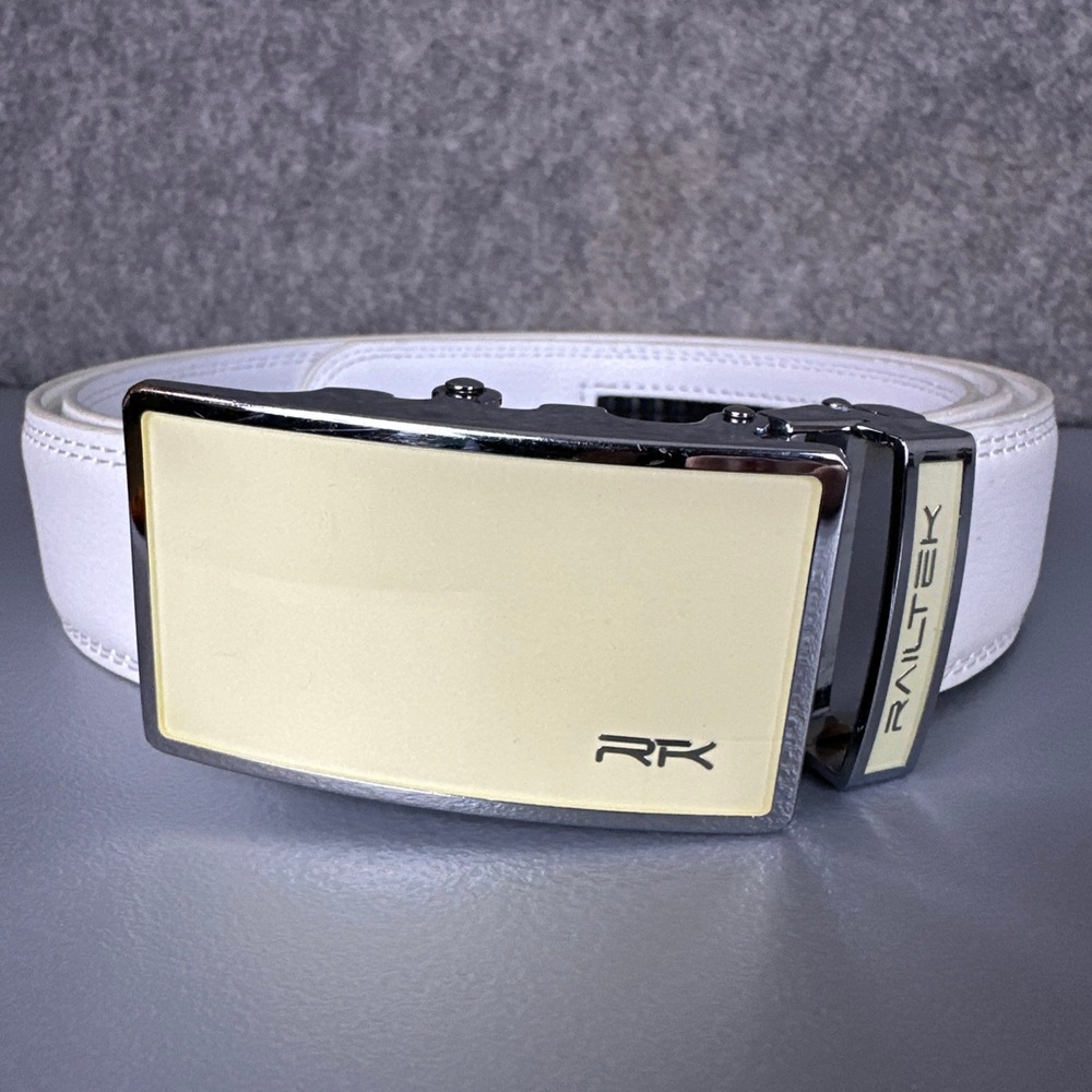 Railtek Belt Mens 52 White Cream Ratchet Automatic Slide Buckle Leather Golf